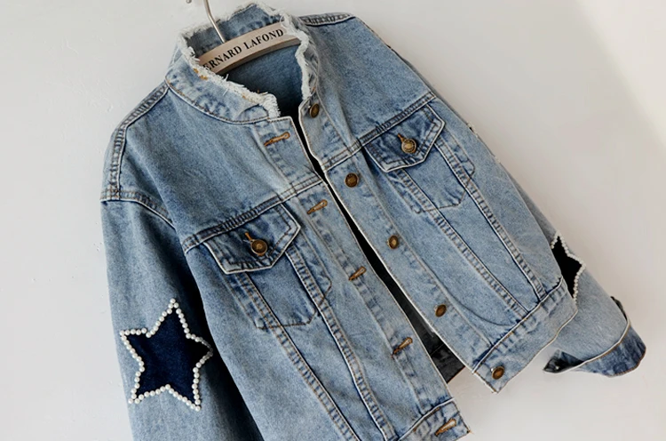 Женская джинсовая куртка в стиле ретро, куртка со звездами, расшитая бисером, короткая джинсовая куртка Harajuku, верхняя одежда с длинным рукавом, veste en, джинсы pour femme