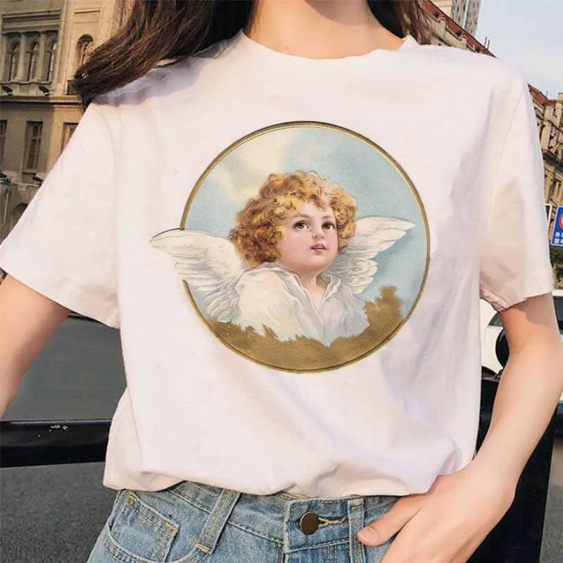 Angel Fashion Tees футболка Ullzang женская футболка с принтом Harajuku 90s Kawaii Одежда Футболка Топ летний Vogue grunge women ulzzang