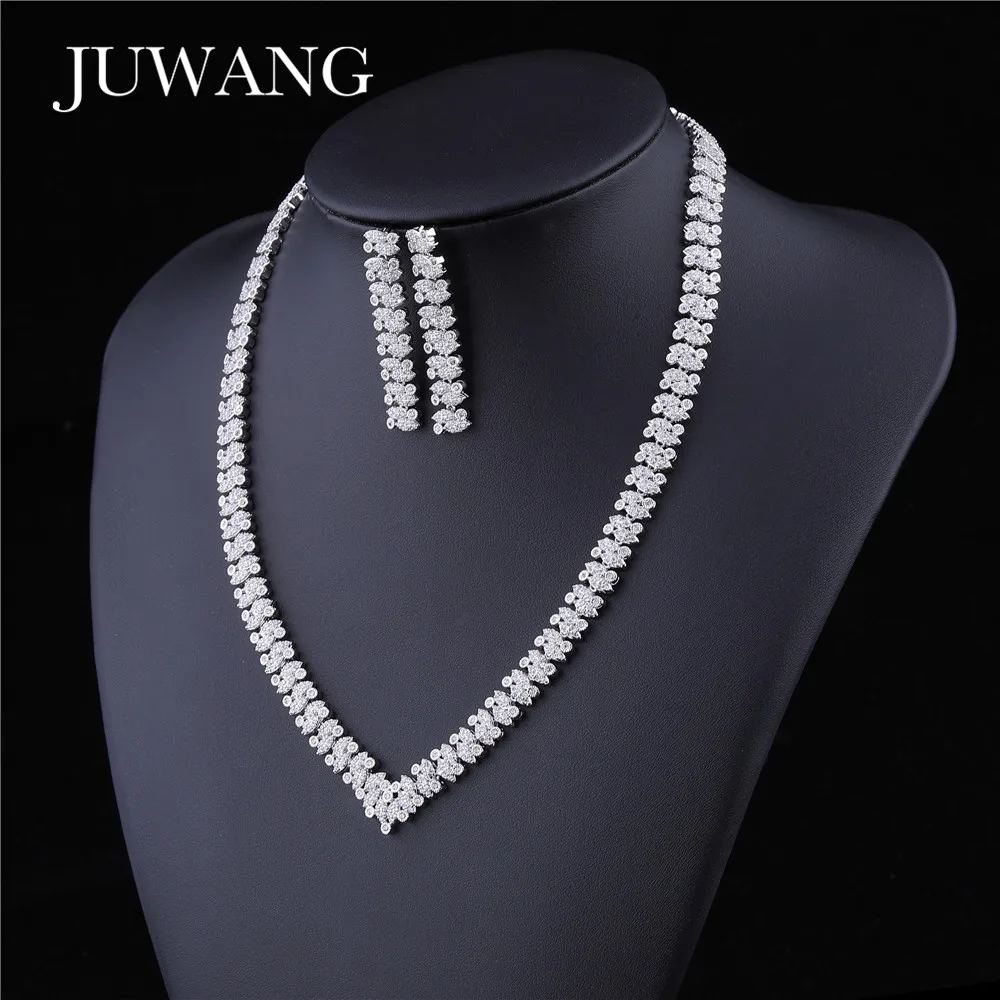 

JUWANG Brand NEW Zircons Micro Jewelry Sets For Women Neckce Earrings CZ Stones Crystal Flower Party Wedding Jewelry Gift