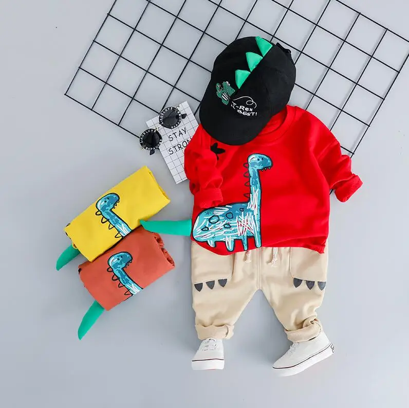 HYLKIDHUOSE/Коллекция года, весенние детские костюмы для малышей комплекты одежды для маленьких мальчиков и девочек детская футболка с динозавром и штаны костюм для младенцев - Цвет: Красный