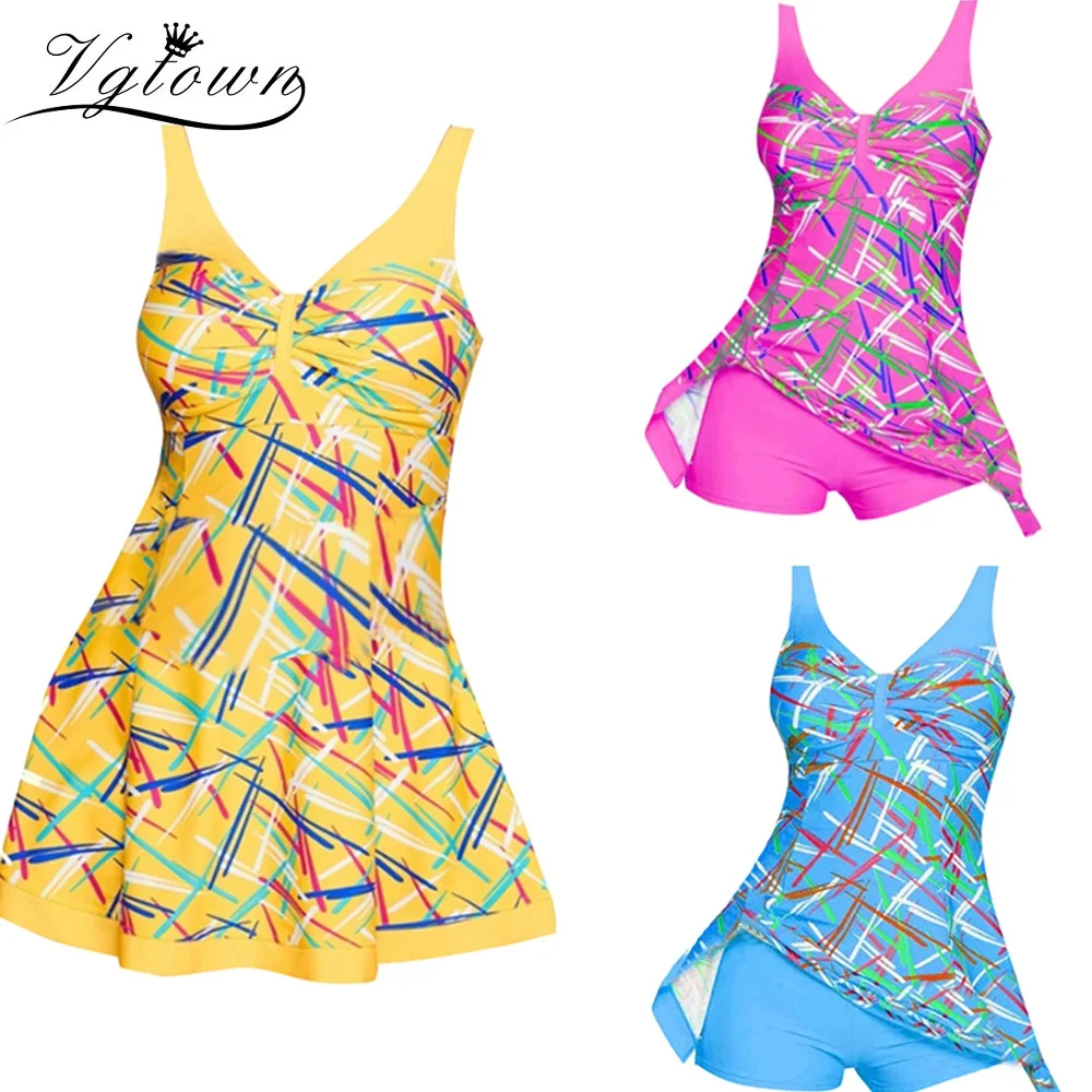 

VGTOWN 2019 New Plus size Swimwear Women Print Swimsuit Tankini Set With Shorts Two Piece Swim Bathing Suit Female Beach S--5XL