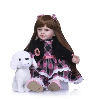 

Nicery 22inch 55cm Lifelike Reborn Baby Lovely Girl Doll High Vinyl Christmas Toy Gift for Children Black Clothes White Dog Doll