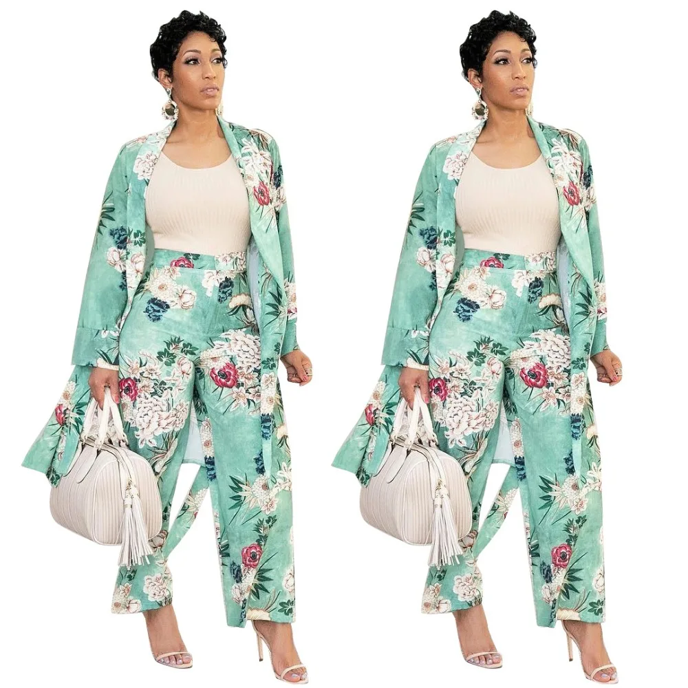 

Sexy Floral Print Women Set Casual Long Sleeve Turn-down Collar Long Top Coat With Pant Two Piece Set Elegant Office Suit Female