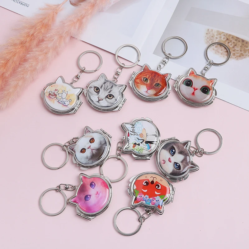 1PCS Novelty Makeup Mirror Key Ring Portable Mini Cat Folding Mirror Keychain  Unisex gift Random