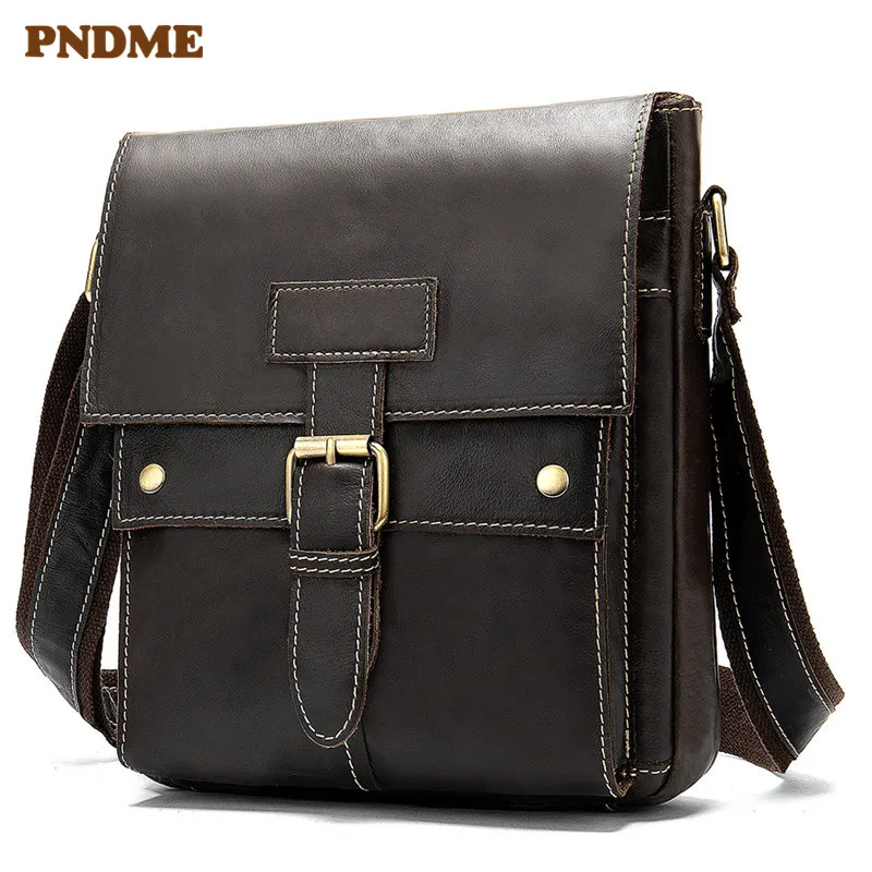 

PNDME casual simple genuine leather Men's shoulder bag first layer cowhide vintage solid color crossbody bags small square bag