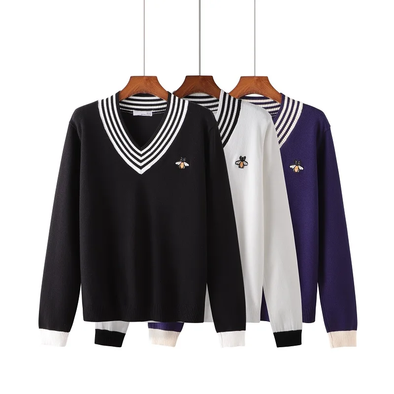 

Winter and Autumn New V-neck Sleeve Bee Embroidery Academy Wind sweater, Men Women Couple's Lovely Knitted Shirt Top