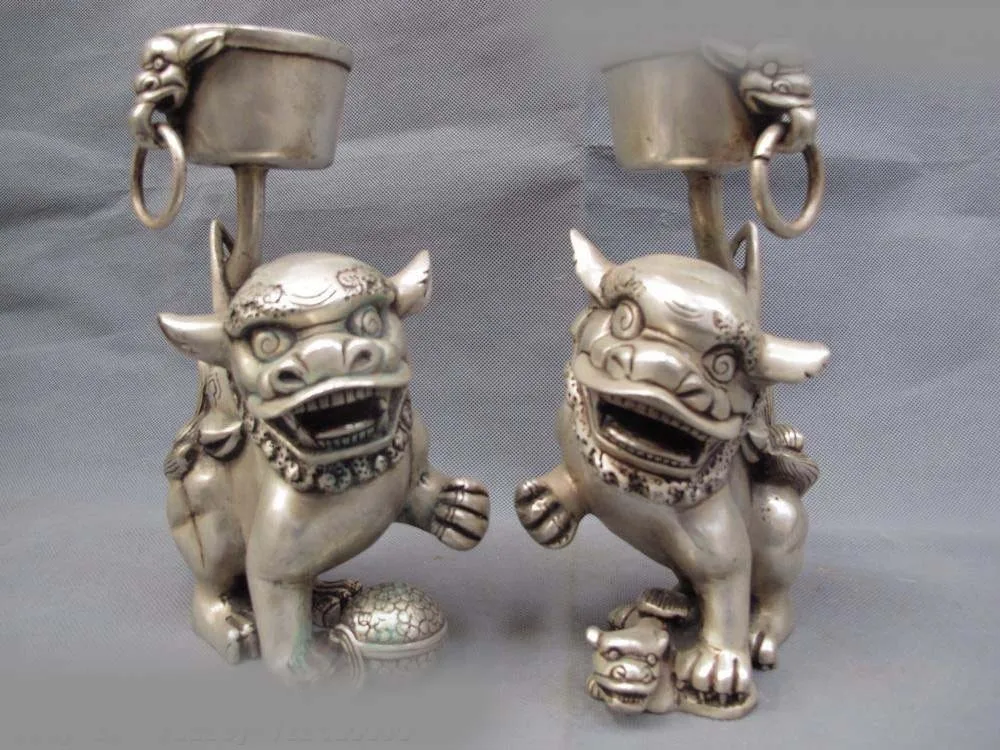 

Chinese Royal White Copper Silver Evil Foo Dog Lion Kylin Kilin Candlestick Pair SD 506