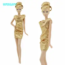 Модная одежда современные Высокое качество специальные элегантный золотой Костюмы для куклы Барби одежда вечернее свадебное платье Best