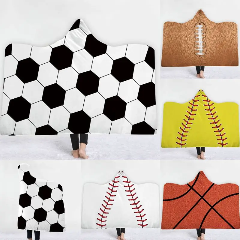

Oversized Soccer Pattern Hooded Sherpa Blanket Soft American Football Fans Cloak