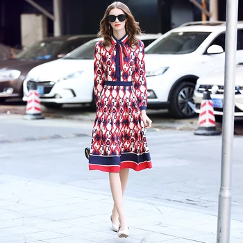 

Delocah Autumn Winter New Women Dress Fashion Runway Design Long Sleeve Gorgeous Bow Pearl Printed Knee-Length Dresses