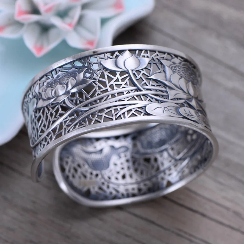 Kopen Echte Pure 999 Sterling Zilveren Armbanden Voor Vrouwen Breed Grote Lotus Klassieke Tibetaanse Boeddhisme Sieraden Jonc Argent 925