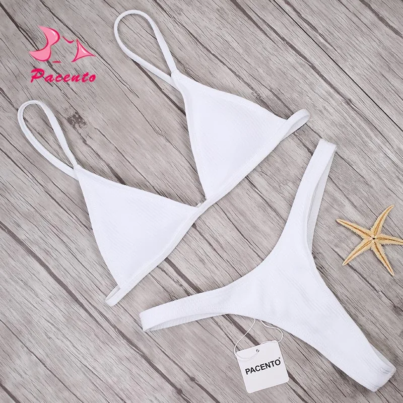 

Pacento Solid Swimwear 2018 White Black Bikini Women Sling Bathing Suit Female Sexy Thong Biquini Brazilian Swimsuit Plavky May