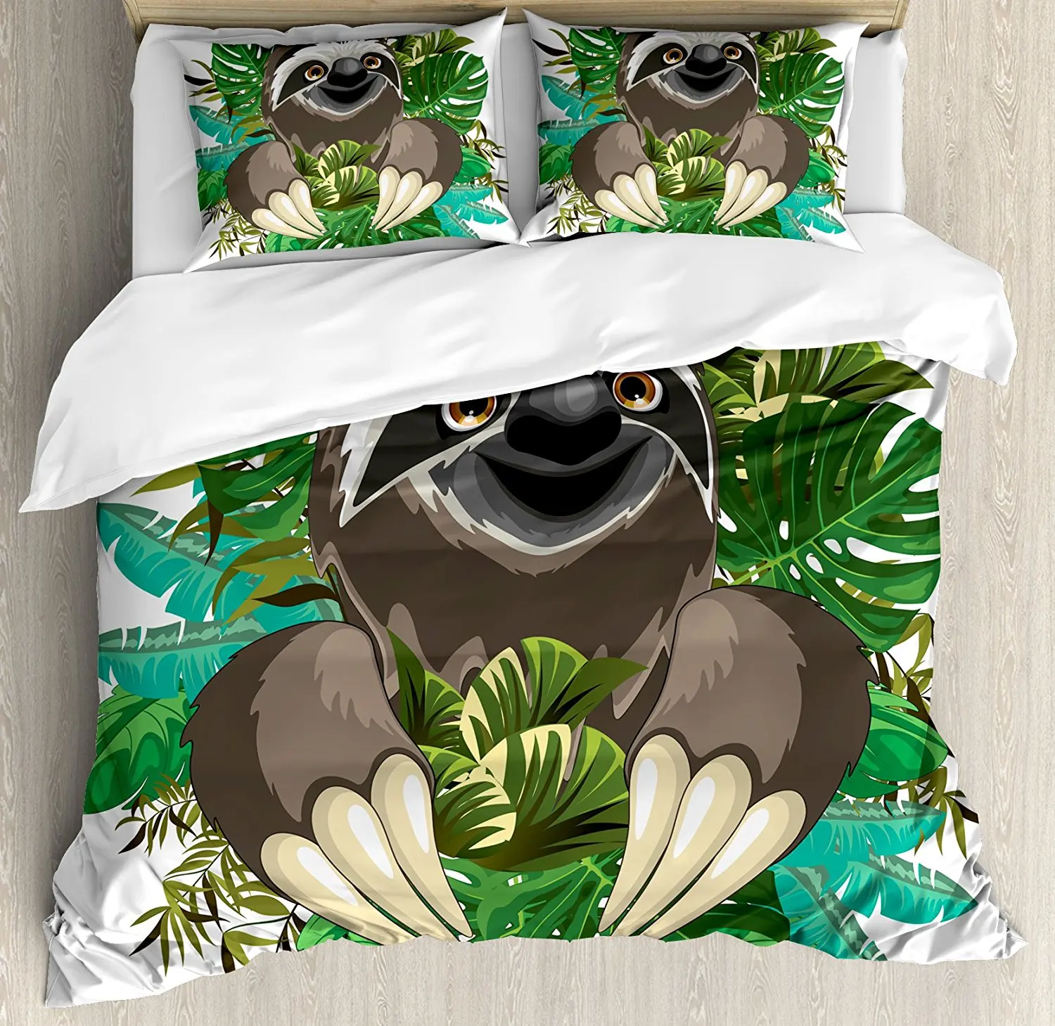 

Sloth Duvet Cover Set Cartoon Mammal on Tropical Jungle with Green Banana Leaves Cute Character Decorative 4 Piece Bedding Set