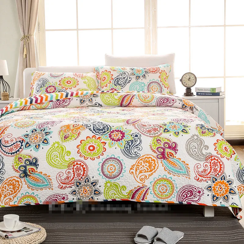 

Free shipping 3pcs 100%cotton American style summer air conditioning patchwork quilt full queen size boho floral bedspread