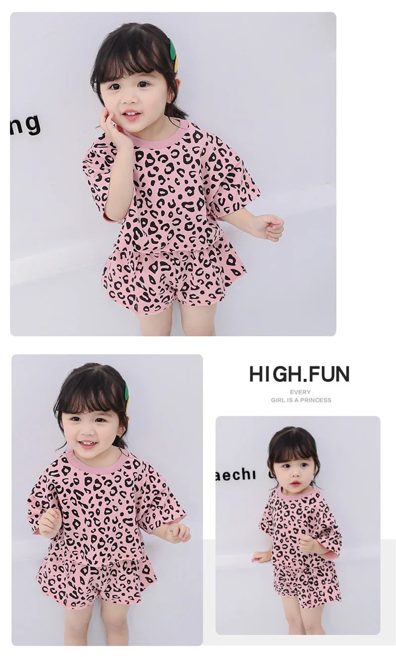 EnkeliBB/комплекты одежды с леопардовым принтом для маленьких девочек, летний комплект одежды с короткими рукавами для маленьких девочек, модные розовые комплекты одежды для детей, футболка и шорты