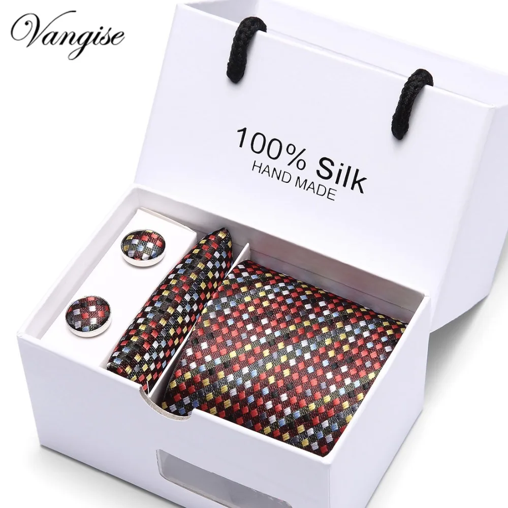  3inch Slim Tie Man Wedding Tie Gold striped Silk Jacquard Men Tie+Handkerchief+ Cufflinks Gift Box 