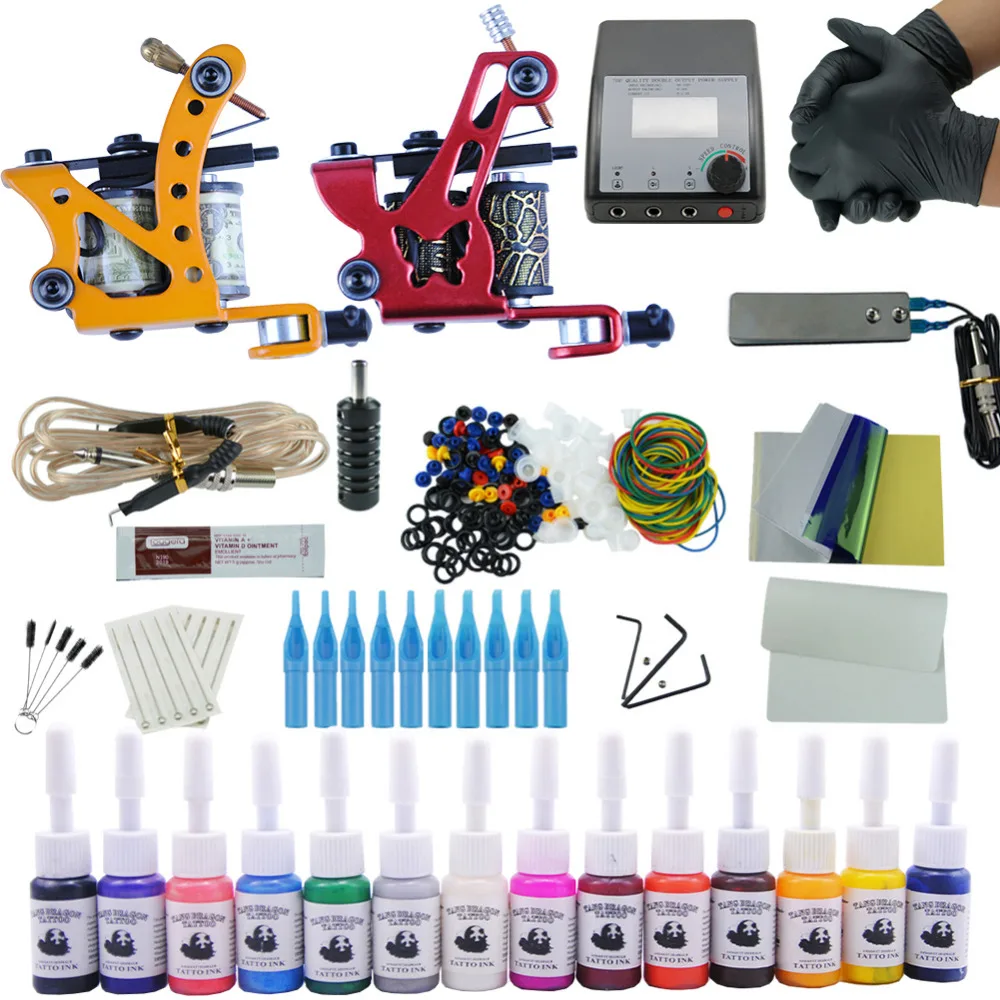 

Complete Tattoo Kit 2 Tattoo Machines Gun Power Supply Grips Body Art Tools Set 14 Colors Ink Tattoo Accessories For Beginner