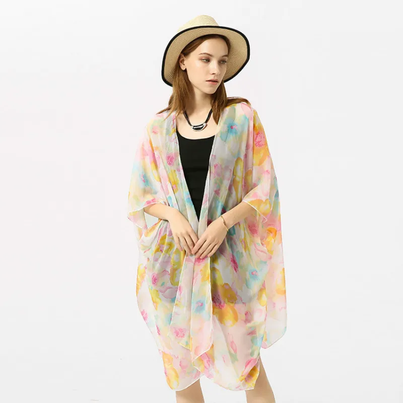 

2019 New Spring And Summer Chiffon Flower Print Wild Sunshade Hood Cloak Beach Bikini Cardigan Shawl Blouse