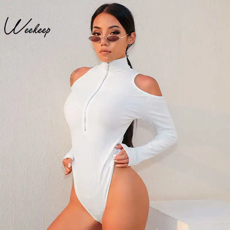 

Weekeep Autumn Long Sleeve Turtleneck Bodysuit Women Sexy Bodycon Off Shoulder Body Mujer Black White Front Zipper Body Femme