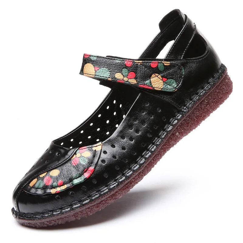 OUKAHUI/летние женские сандалии на плоской подошве в винтажном стиле из натуральной кожи с цветочным принтом; женские дышащие мягкие сандалии на низком каблуке - Цвет: Black