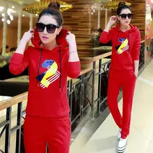 Red Cotton Casual Trouser Suit 2 Piece Set Women 2016 Autumn New Casual Set Long Pants And Top Casual Pants and Cap Shirts