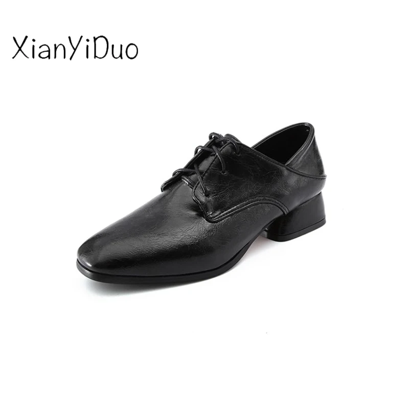 

Xianyiduo Basic Spring/Autumn Women's Shoes Square low high heels Pumps plus size34-48 ladies Cross-tied Slip-On PU white/S-2