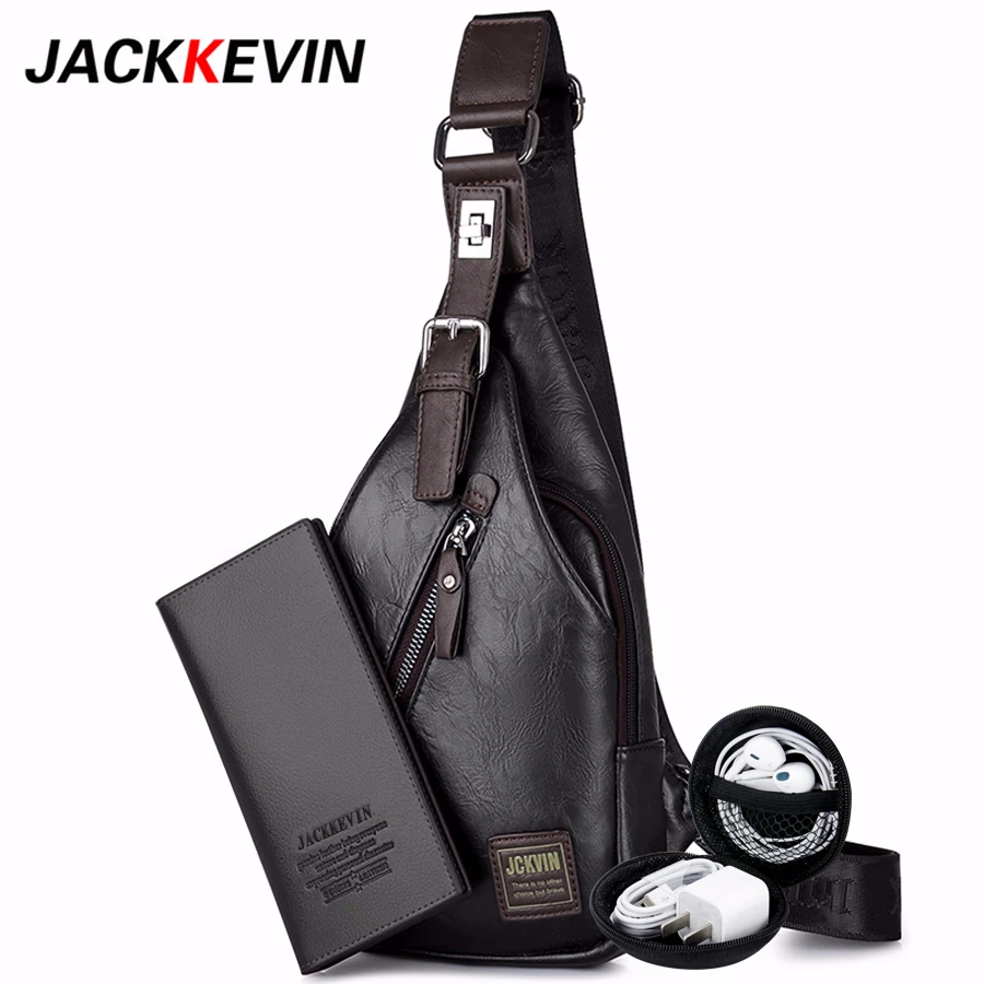 JackKevin الرجال الأزياء Crossbody حقيبة Theftproof للتدوير زر مفتوحة جلد الصدر أكياس الرجال حقائب كتف الصدر الخصر حزمة