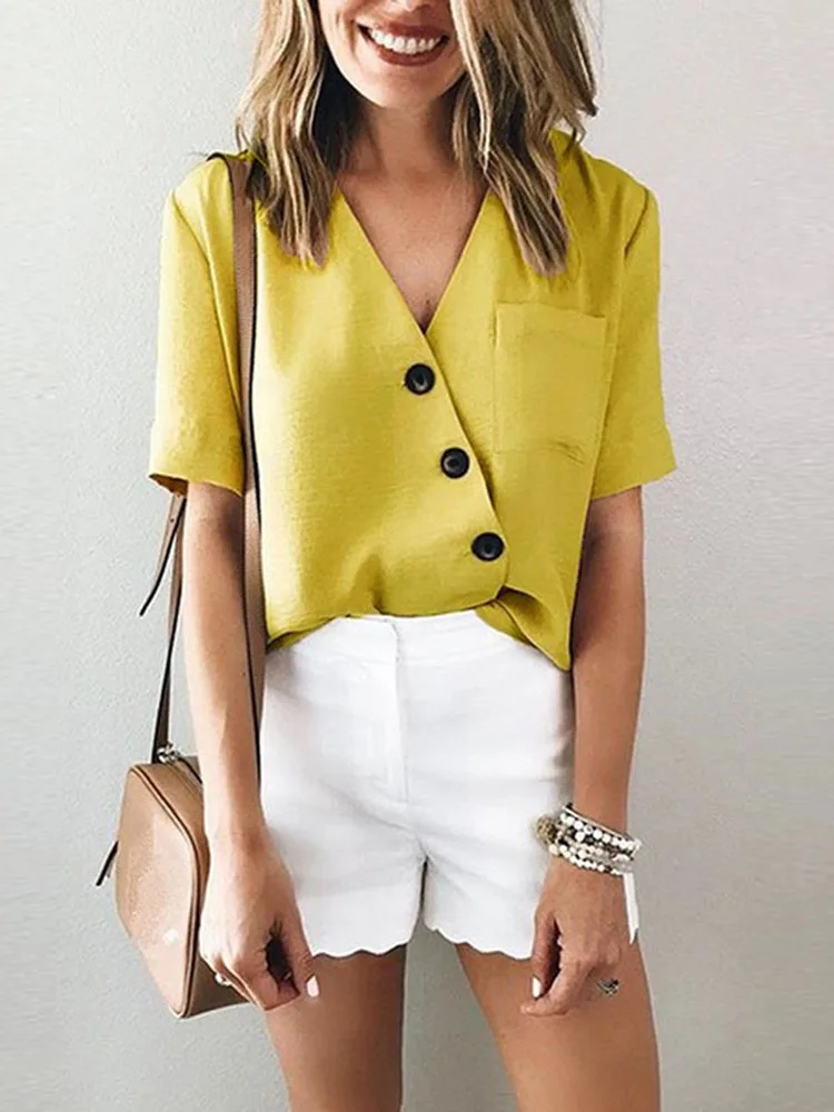 

2019 summer new irregular single pocket V-neck shirt button short-sleeved solid color female blouse SJ2756Y