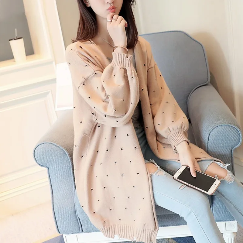 

PEONFLY Hollow Out Cardigans Women Hole Knitted Long Sweater New 2019 Autumn Winter Long Sleeve Jacket Cardigan Female Pink