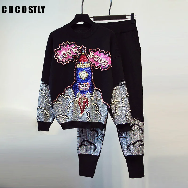 

2 pieces sets Women Tracksuits Knitted Set Fashion Floral Embroidery Beadings Sweater and Pants suits Women matching sets