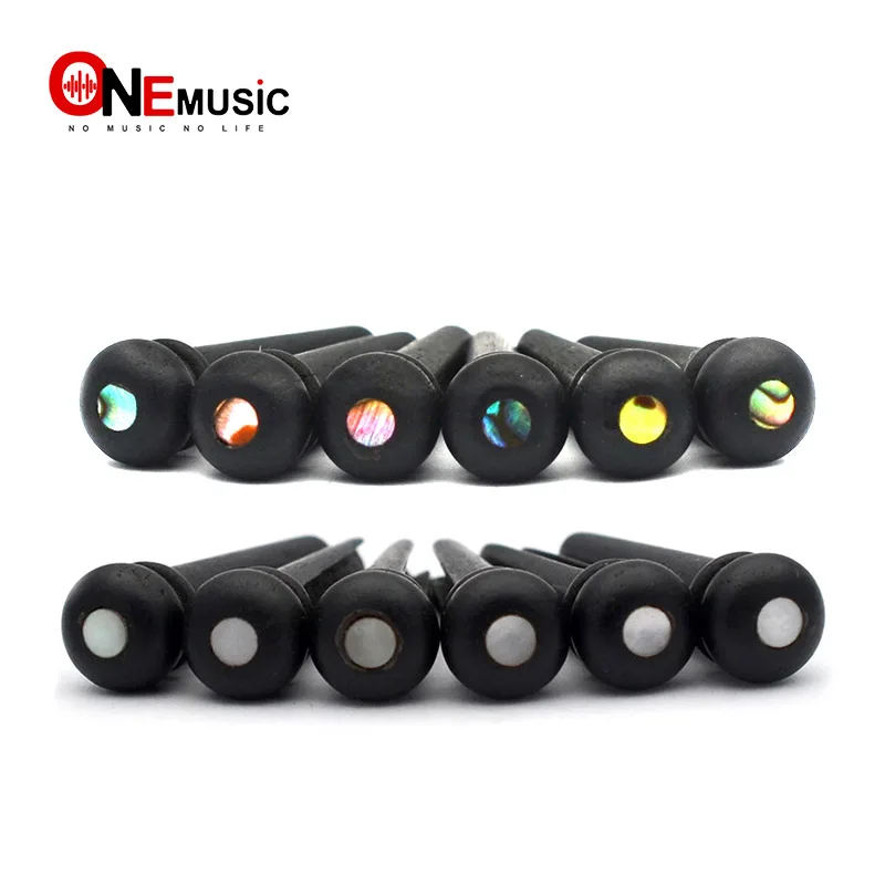 

6pcs Ebony Acoustic Guitar Slotted Bridge Pin with Brass Circle Abalone Shell dots Guitar Parts Accessories Black