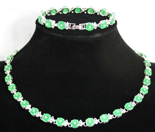 

Hot sell -@> wholesale christmas gift green round coin jade silver plated bracelet & necklace jewelry set Natural jewelry -Top q