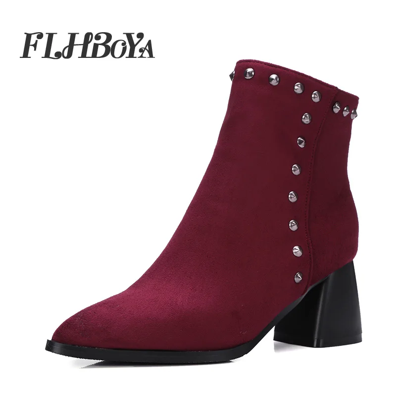 

FLHBOYA Warm Winter Womens Fashion Square Hoof heels Mid Calf Boots For Ladies Rivet Nubuck Thick High Heel Short Chelsea Boots