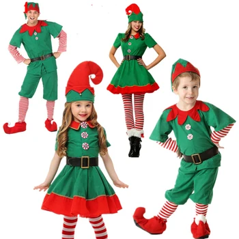 

2018 Women Men Boy Girl Christmas Elf Costume Kids Adults Family Green Elf Cosplay Costumes Carnival for Party Supplies Purim