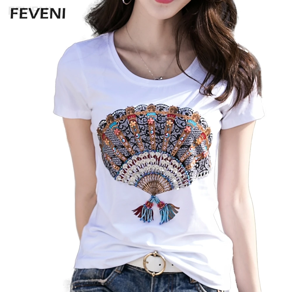 2017 High Quality Hand Made Beading T Shirt Women Solid color Tees