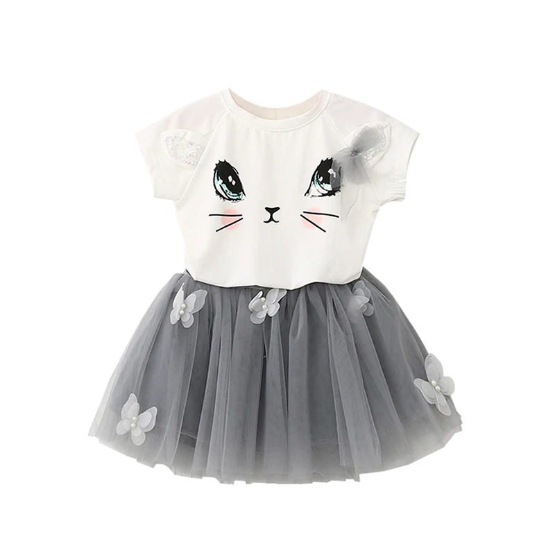 

Baby Summer Girls Clothing Sets Cartoon Bear Leader Kitten Printed T-Shirts+Net Veil Skirt 2Pcs