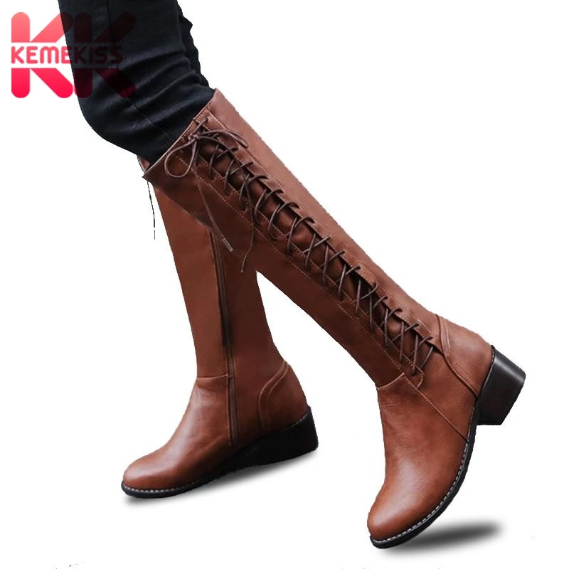 

KemeKiss Plus Size 33-50 Women High Heels Boots Cross Strap Winter Knee High Boots Warm Fashion Women's Shoes Office Footwear
