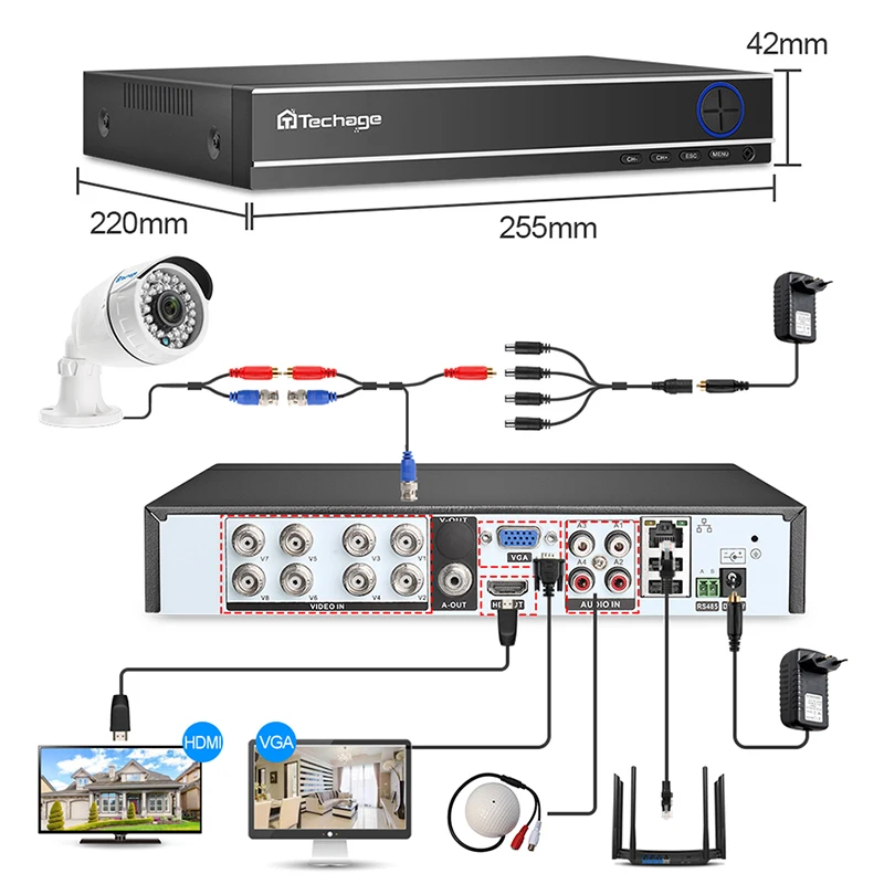  Techage 8CH 1080P HD DVR Kit CCTV Security System 8PCS 2MP IR Outdoor Waterproof AHD Camera P2P Vid