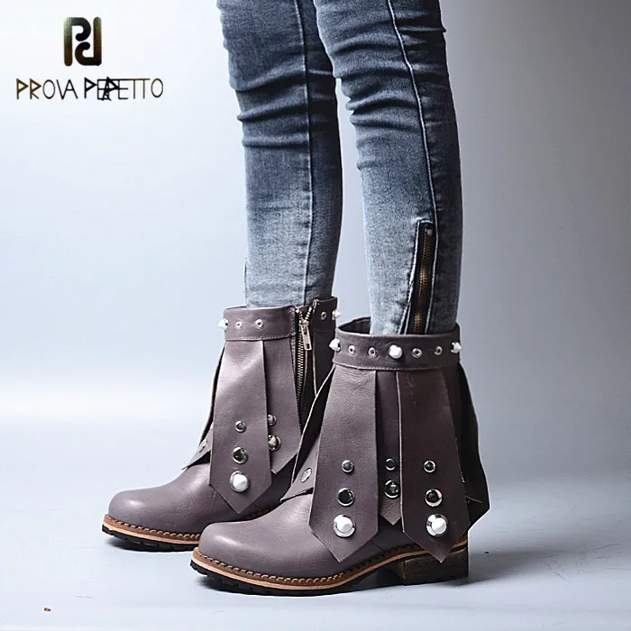 

Prova Perfetto 2018 Winter British Style Women Martin Boots Thick Heel Real Leather with Rivet Fashion Casual Shoes Retro Boots