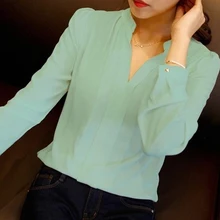 Blusas de escritório para mulheres, camisas brancas de escritório com decote em v manga comprida, blusa de chiffon feminina, roupas de trabalho, 3 cores primavera e outono