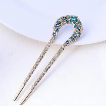 Retro Hair Jewelry Antique Bronze Plated Hairpins U shape Hair Sticks Women Rhinestone Flower Hair Accessories