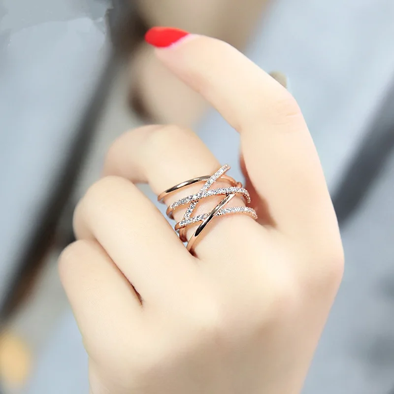 

Adjustable Double Layer Cross Ring Gold Silver Color Plating Jewelry Luxury AAA Zircon Couple Ring 2019 Birthday Wedding Gift