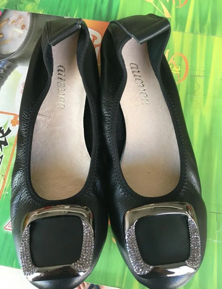 Ballet Flats Women Genuine Leather Loafers Round Toe Slip-on Flat Handmade Rhinestone Metal Decoration Balerinas Shoes for Woman (30)