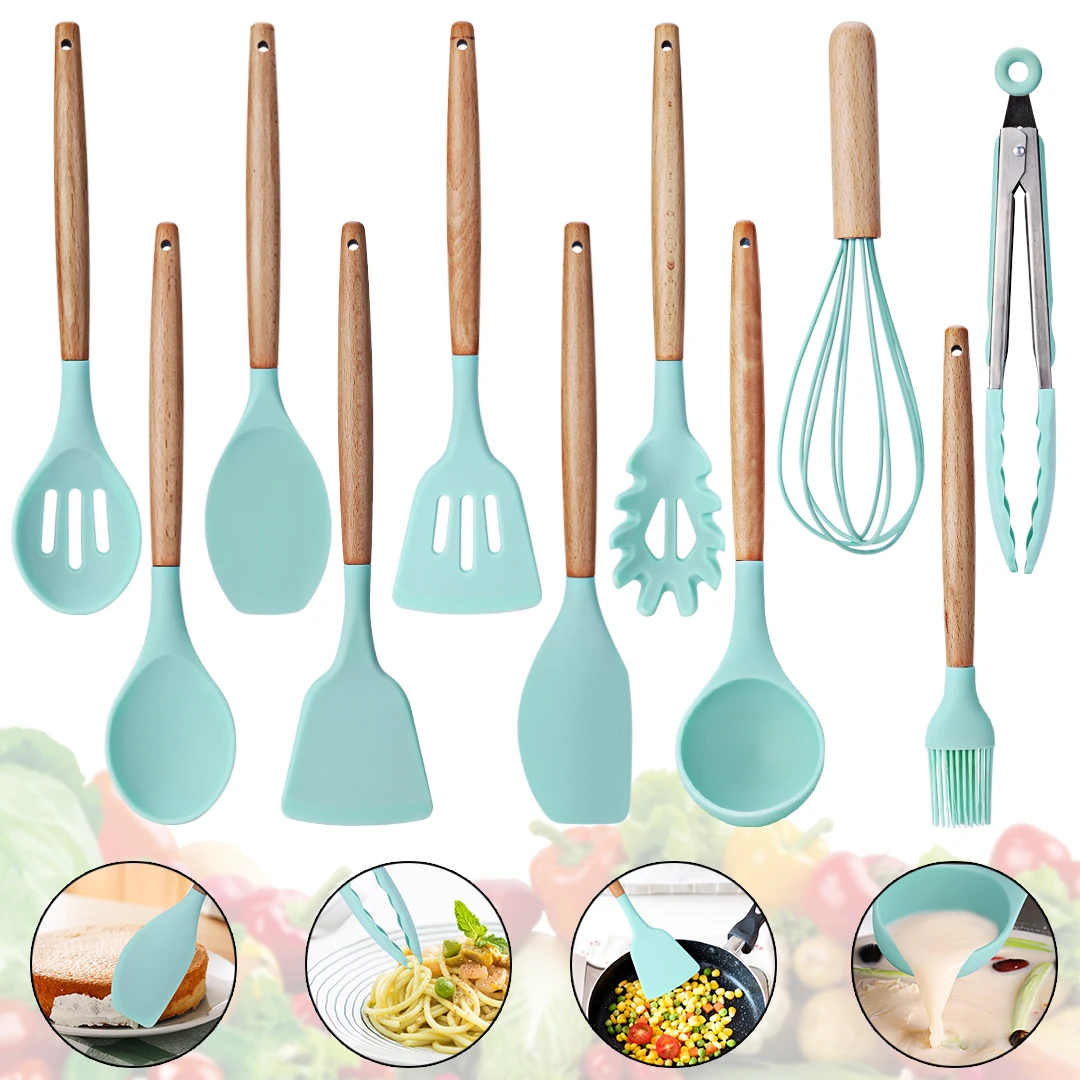 11pcs Silicone Kitchen Utensils Set Nonstick Cooking Baking Tools with Bamboo Wood Handles Cookware Kitchenware for Pots Pans