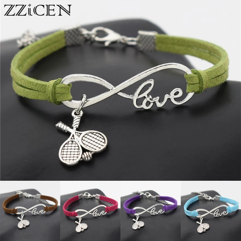 

New Casual Punk Antique Silver Double Cross Tennis Racket Ball Charm Infinity Love Leather Bracelets for Tennis Sports Lover