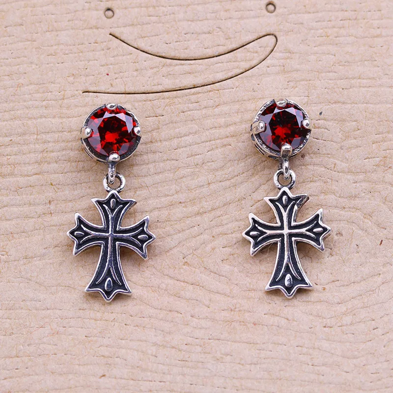 

VOJEFEN 925 Oxidized Sterling Silver Vintage Cross Dangling Red Stone Inlay Drop Earrings for Women Men Fine Jewelry