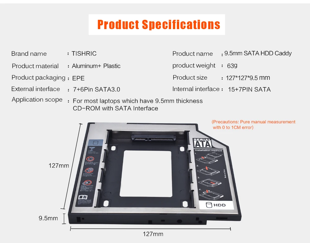 TISHRIC пластиковый алюминиевый Универсальный 9,5 мм SATA 3,0 2nd HDD Caddy 2," SSD CD DVD для HDD чехол Корпус CD-ROM ODD Optibay