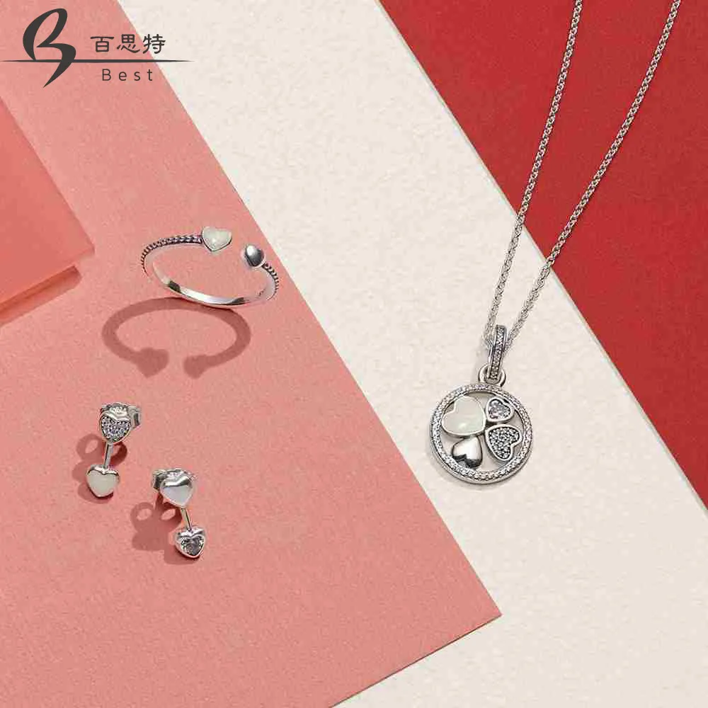 

BEST 100% 925 Sterling Silver 1:1 Hearts of Love Enamel Ring Stud Earrings Necklace Gift Set