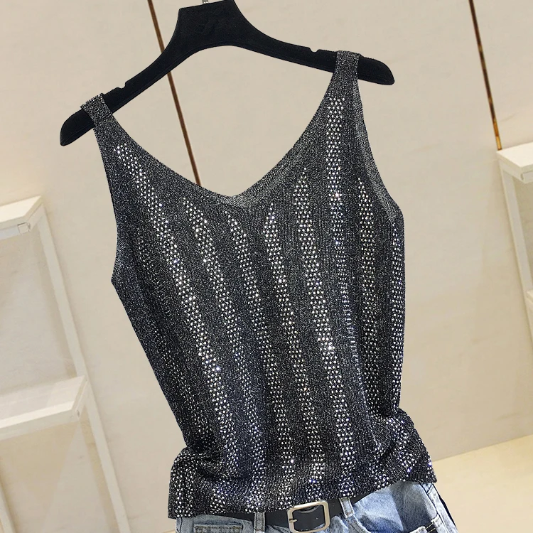 

New Bright Drill Ice Silk Knitted Suspender Shirt Lady Summer Sleeveless Shirts Girls Undershirt Female All-match Basic Tops
