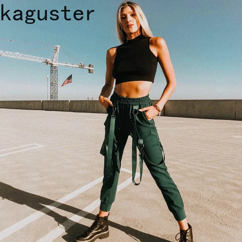 

2019 Women Pants High Waist Elastic Waist Strap Pants Bondage Jogger Pants Solid Color Overalls Trousers with Pockets Streetwear